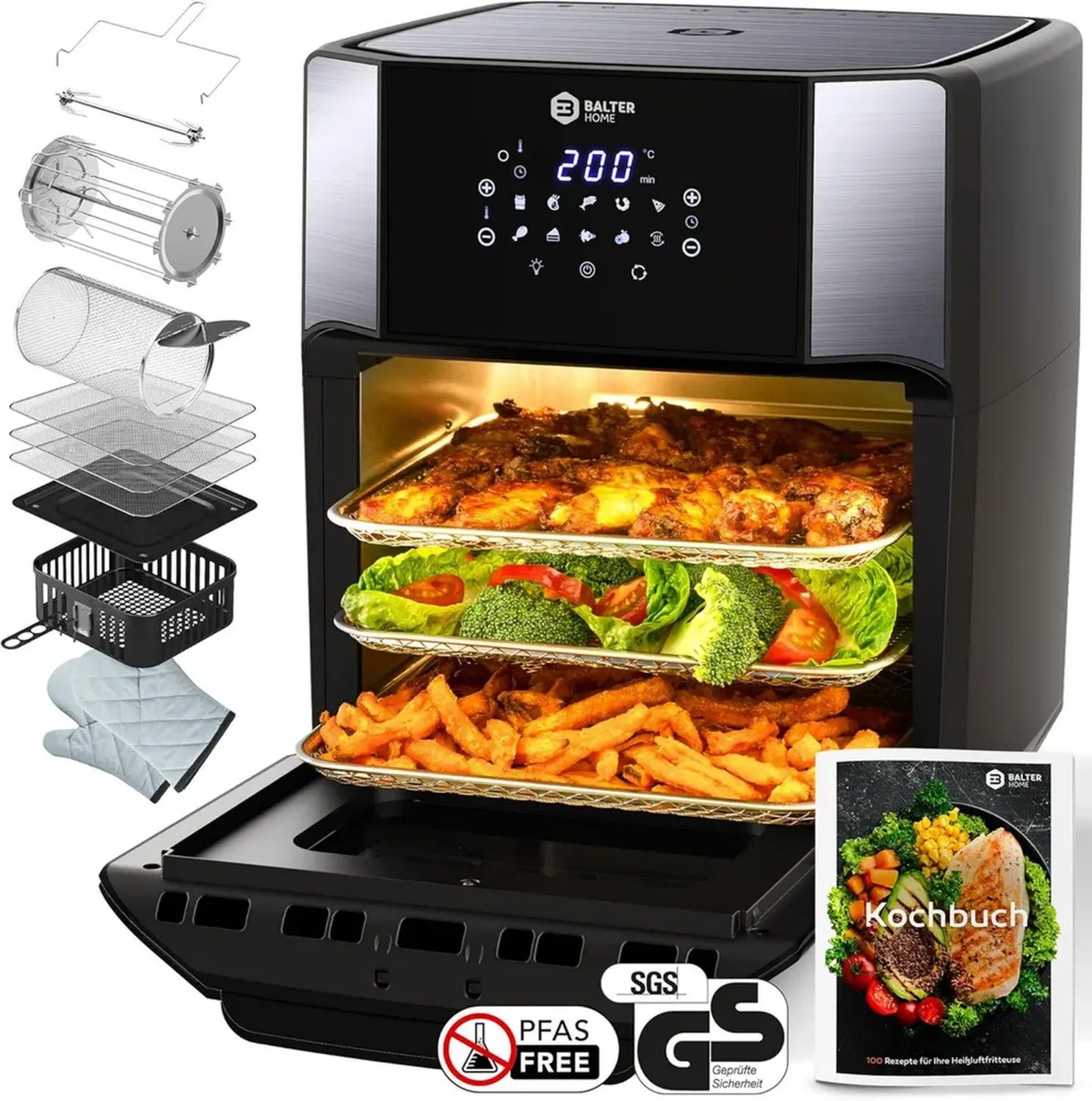 Balter Heißluftfritteuse HL-1200-BL, 12L, LED-Touchscreen, 10 Modi, Dörrfunktion, 1800W, inklusive 100 deutsche Rezepte