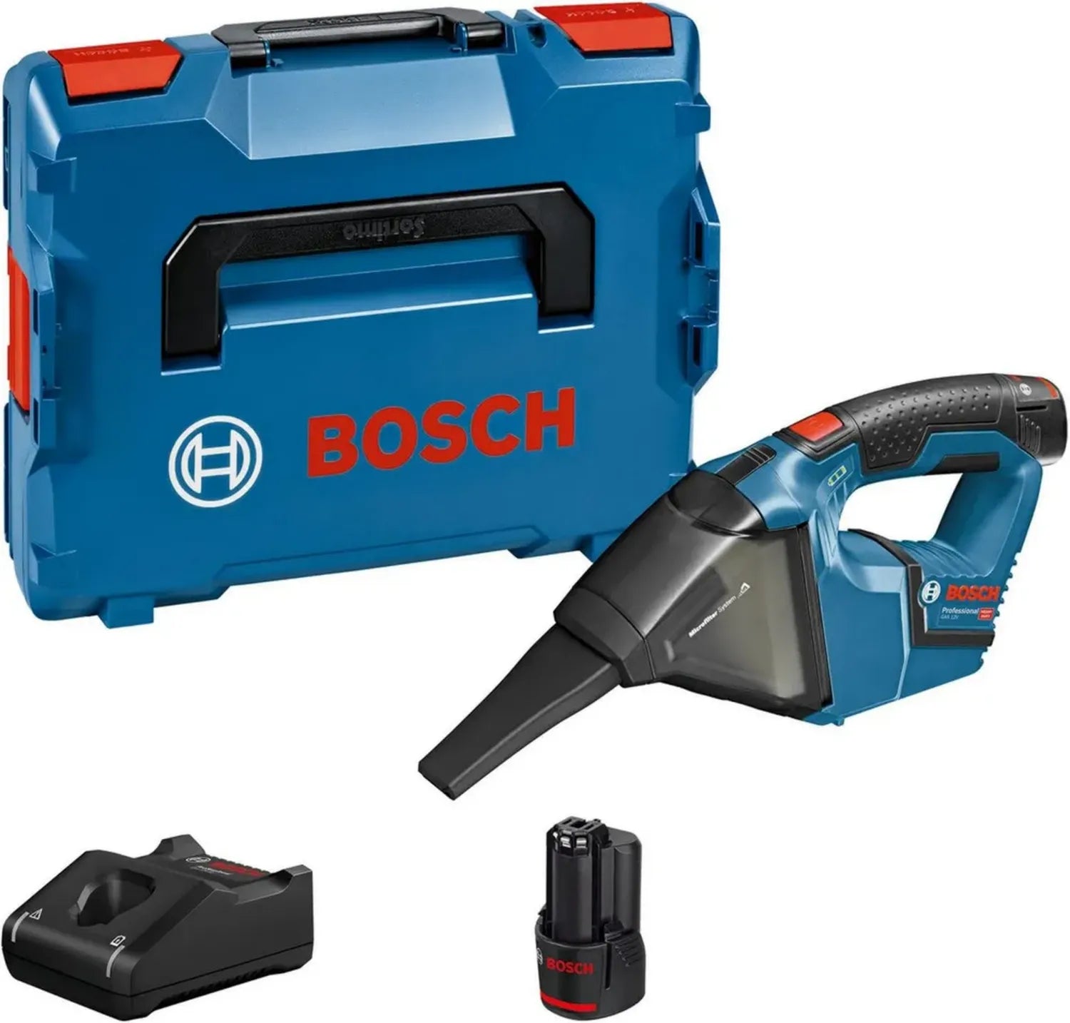 Bosch 12V Akku-Handstaubsauger GAS 12V mit 3.0Ah Batterien und L-BOXX