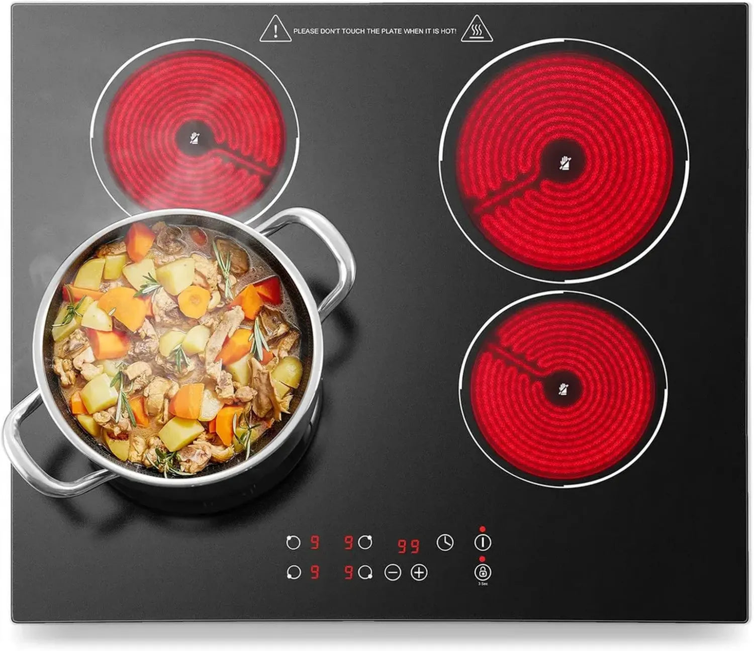 Einbau-Glaskeramikkochfeld mit 4 Zonen, 60 cm, 6000W, Touch-Bedienung, 9 Leistungsstufen, Timer 1-99 Min, universal für alle Töpfe