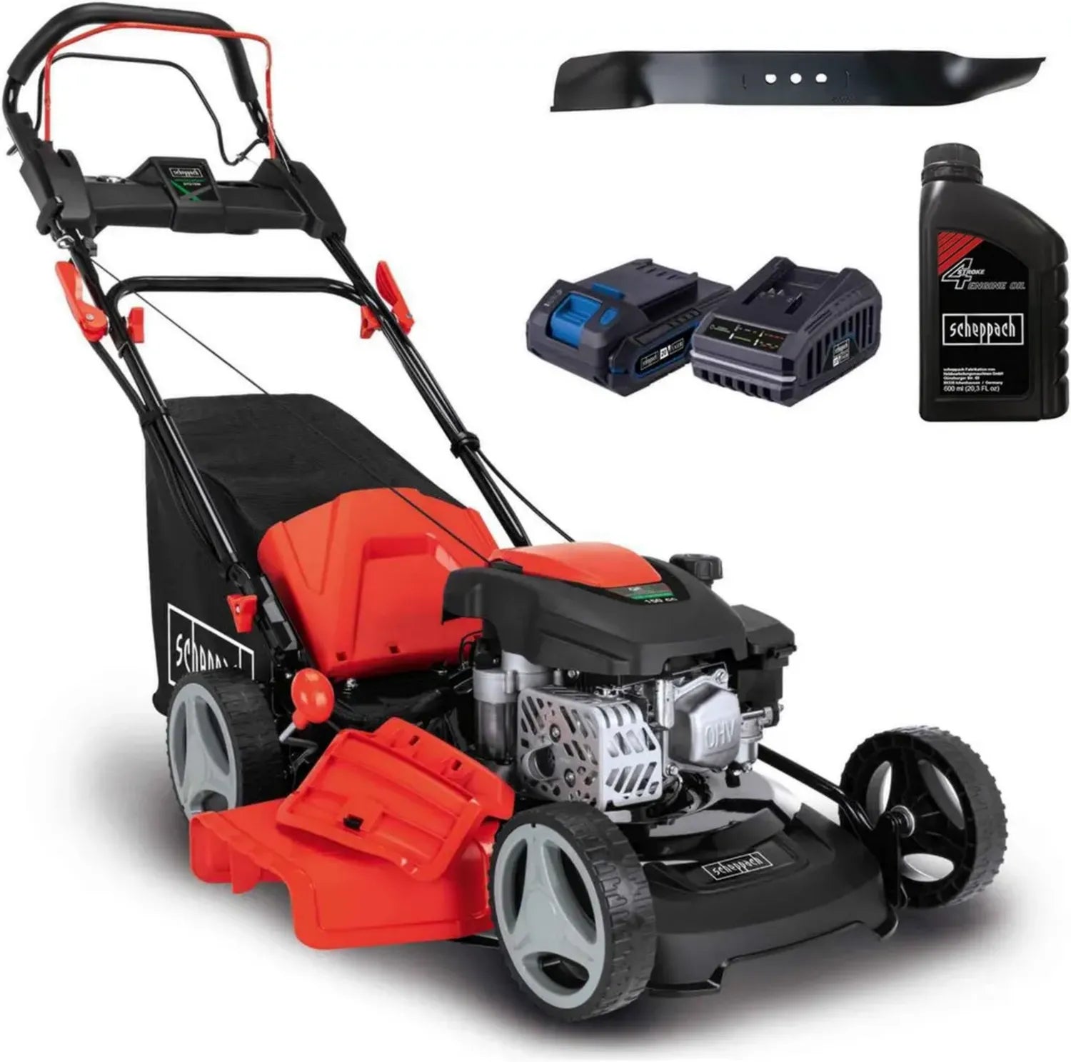 Scheppach MS150-46E Benzin-Rasenmäher mit Elektrostart, 46 cm Schnittbreite, 55L Fangkorb, Stahlgehäuse, 7-fache Höhenverstellung, Mulchfunktion, Radantrieb und Seitenauswurf, inklusive Motoröl und zusätzlichem Mäh-/Mulchmesser